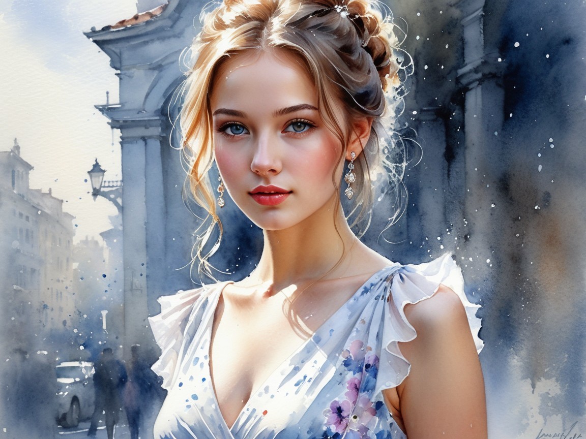 Young woman in floral dress with urban backdrop