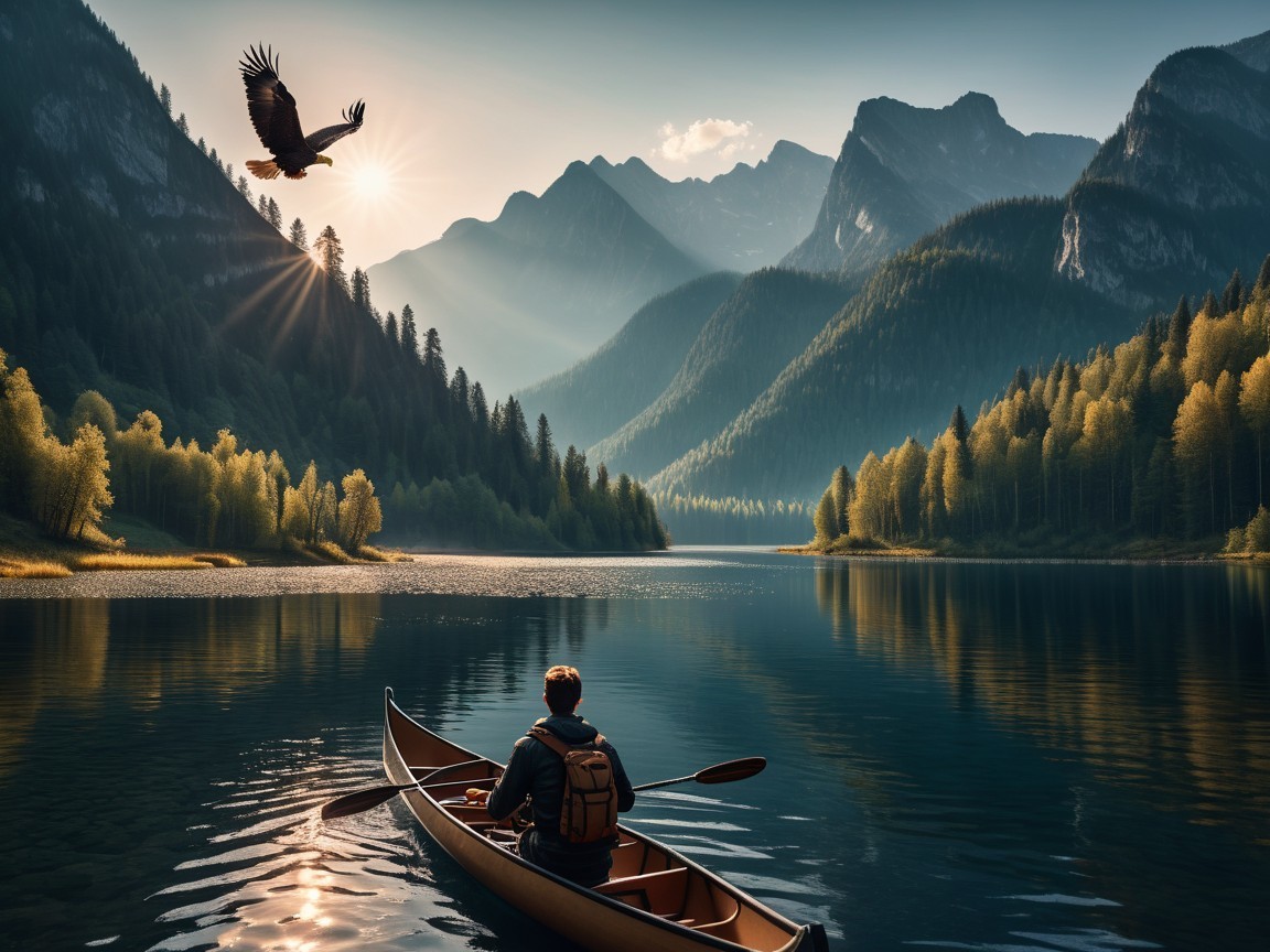 Kayaker on Serene River with Mountainous Landscape