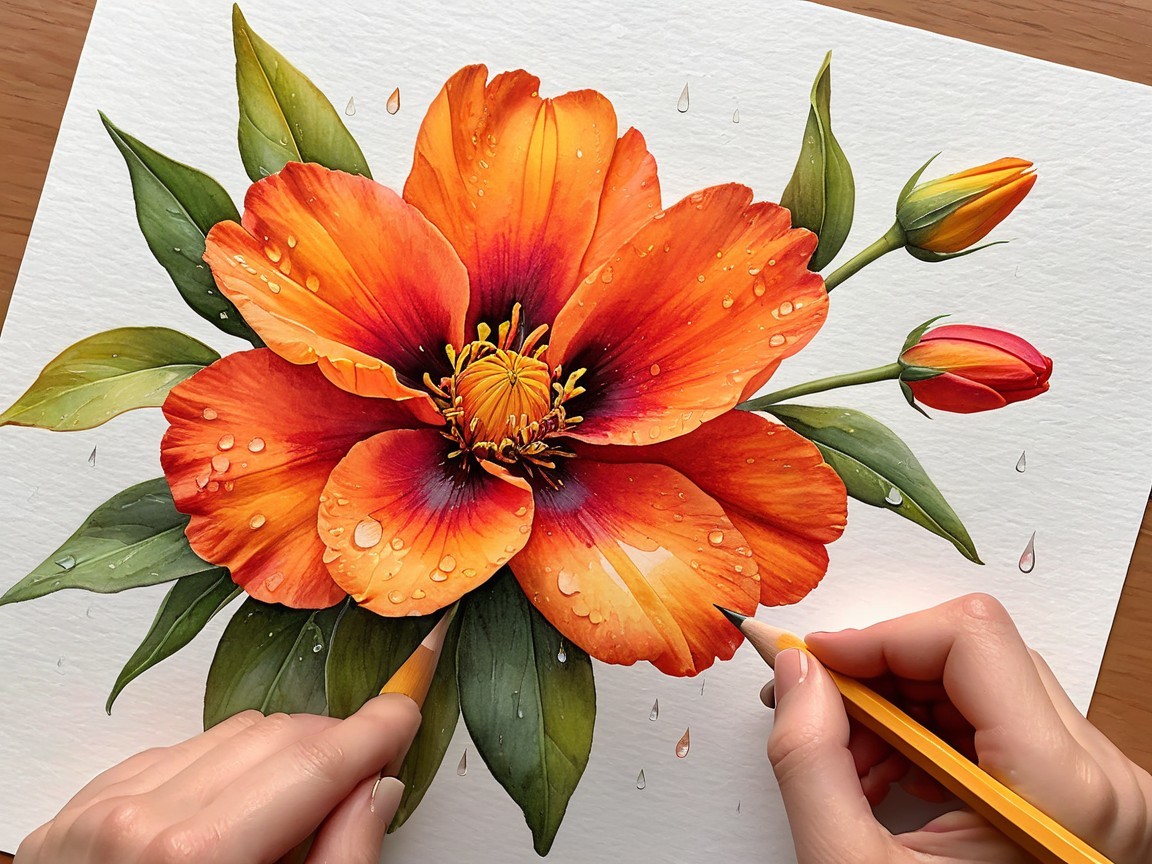 Vibrant orange flower illustration with green leaves