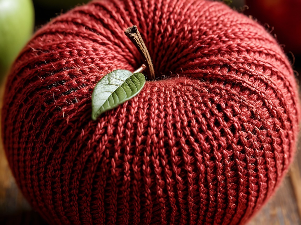 Knitted Pumpkin in Deep Red with Green Leaf Detail