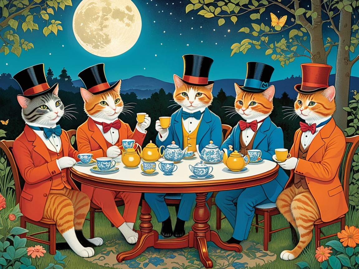 Dapper Cats in Suits at a Whimsical Tea Gathering