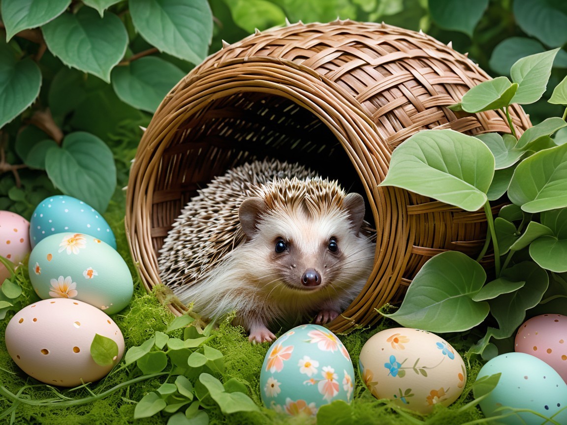 Hedgehog in a Basket Surrounded by Colorful Easter Eggs