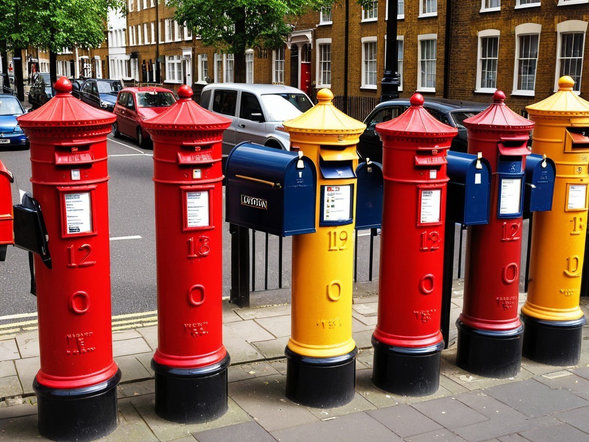 Vibrantly Colored Cylindrical Post Boxes on Street