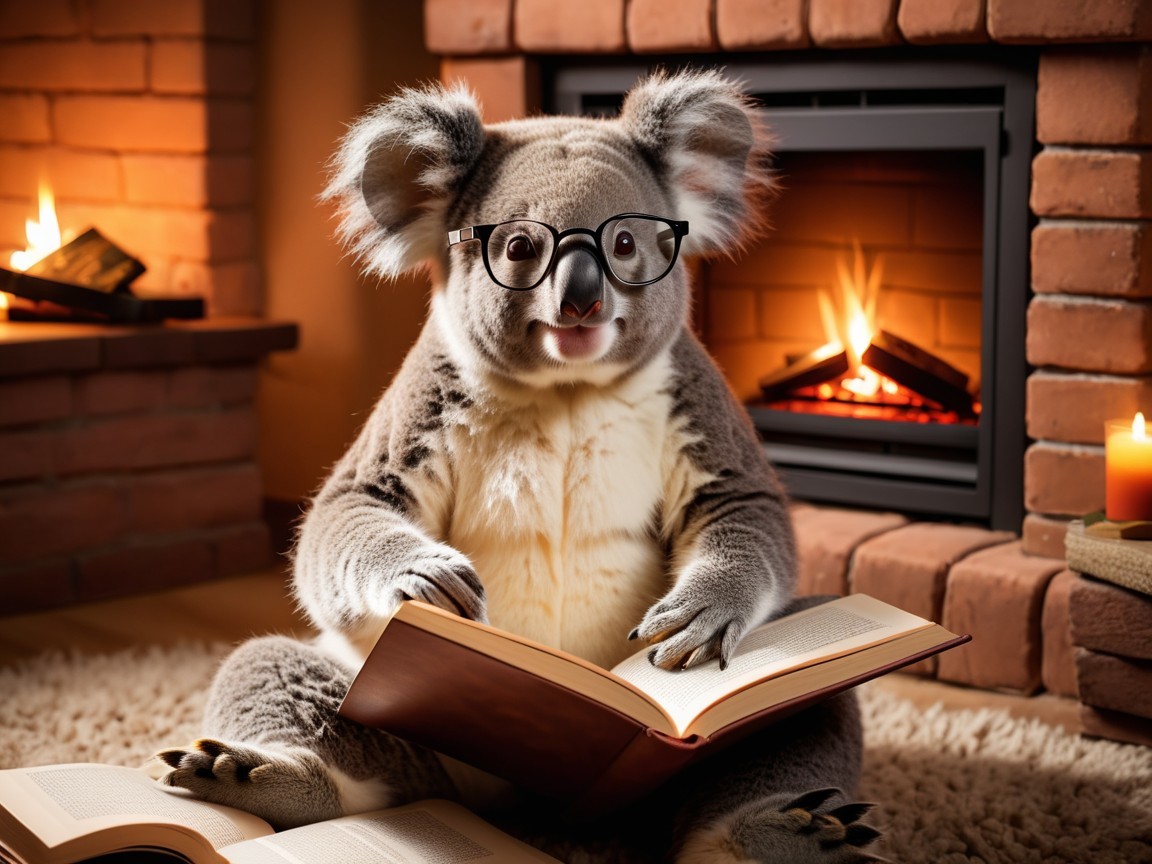 Cozy Indoor Scene with a Koala Reading by Fire