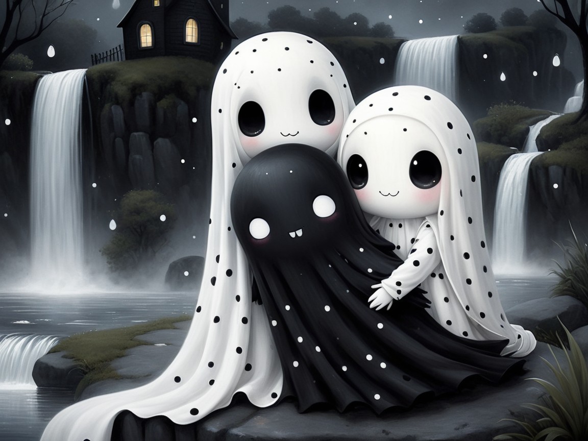 Whimsical Landscape with Playful Ghosts and Waterfalls