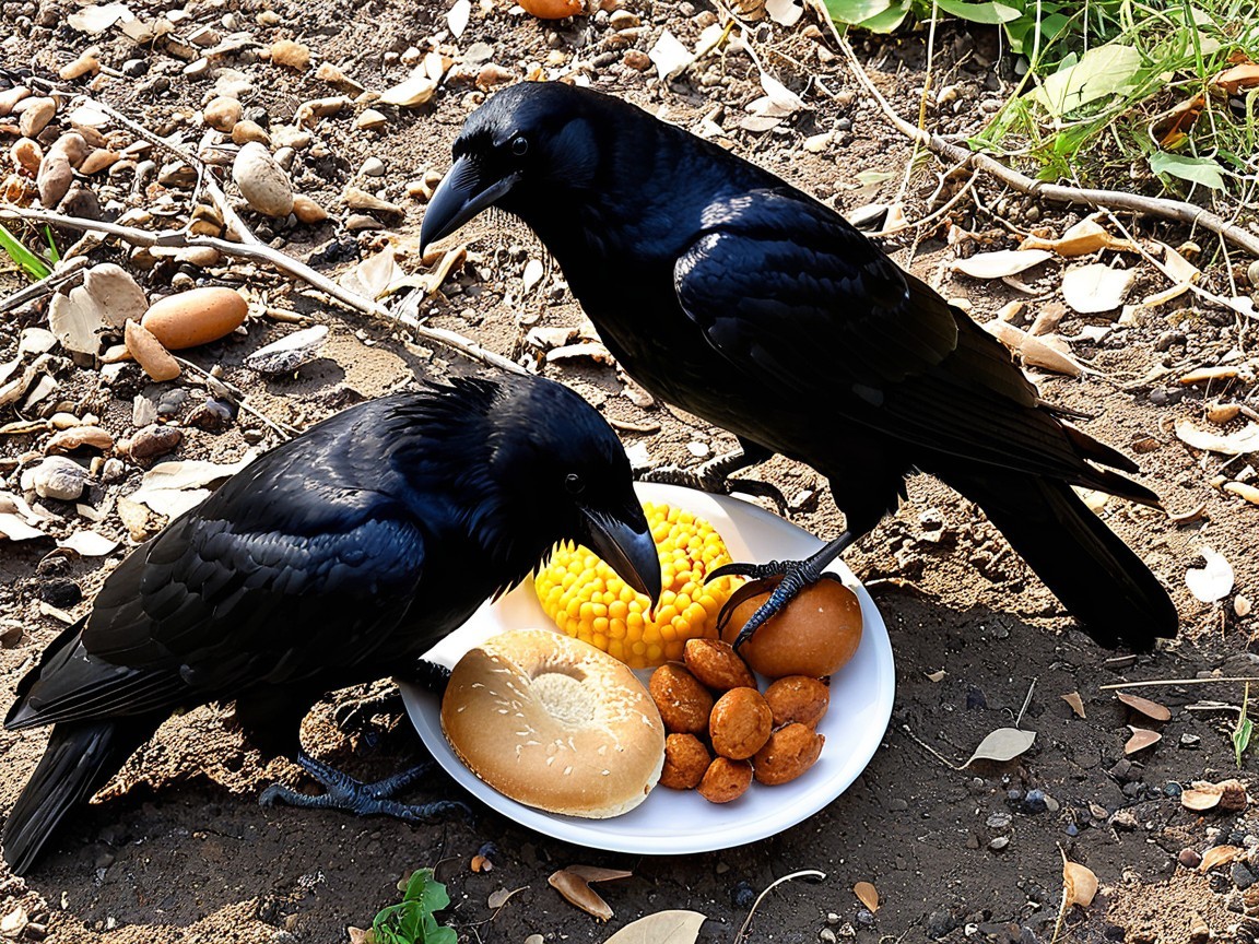 Crows Inspect Food on a White Plate in Nature