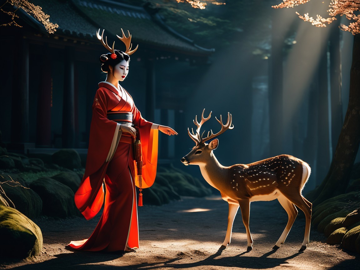 Woman with Deer Antlers in a Mystical Forest Setting