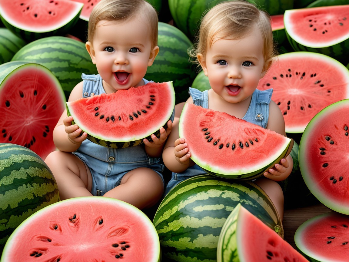 Twin Baby Girls Enjoying Watermelon on a Wooden Surface