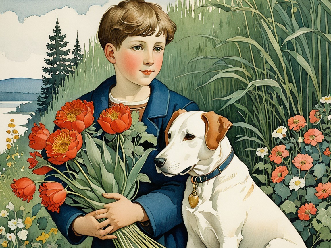 Young boy with flowers and dog in serene landscape