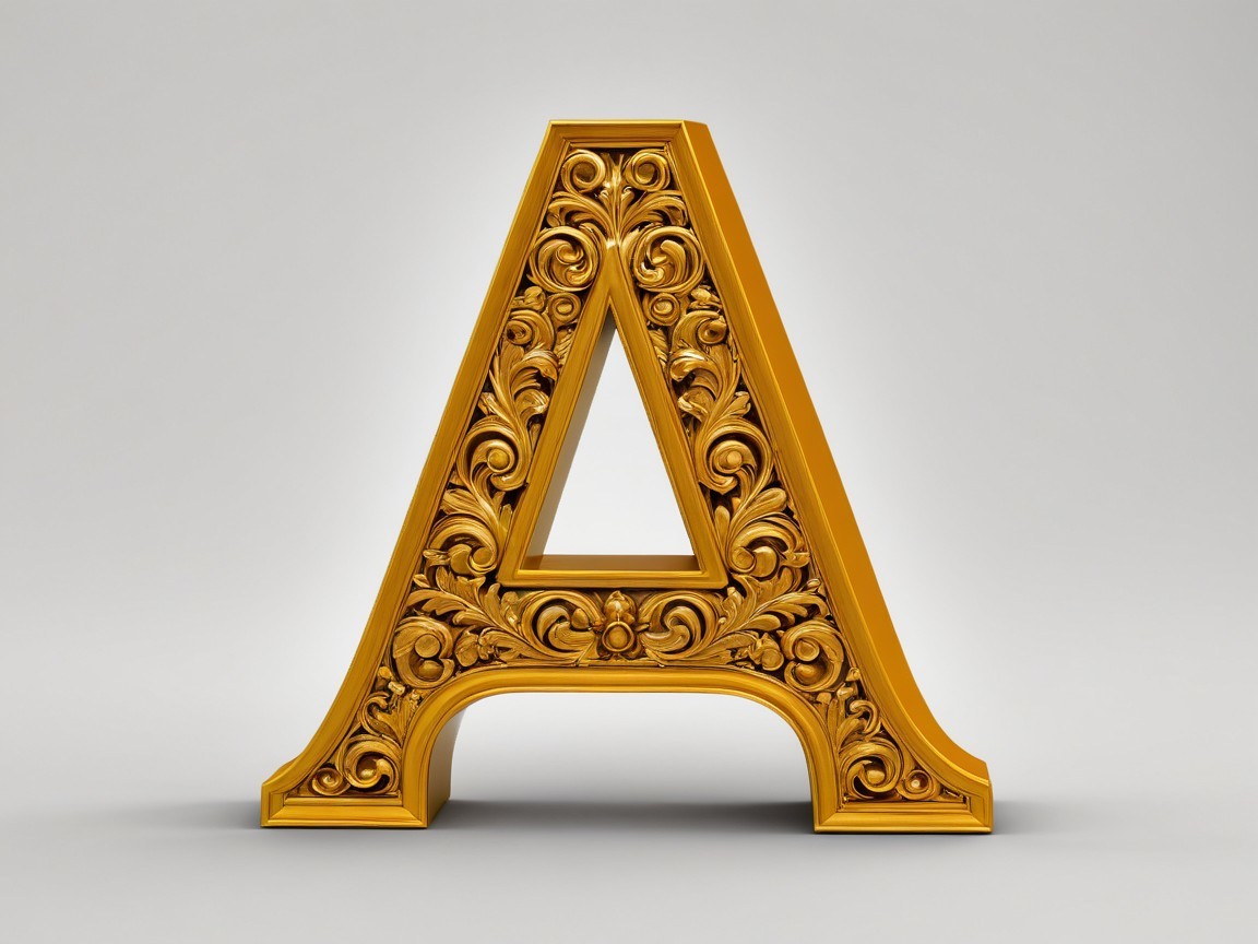 Ornate 3D Gold Letter A on Light Gray Background