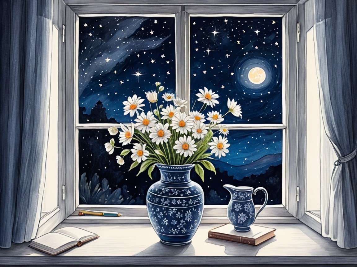 Tranquil Night Scene with Daisies and Moonlight