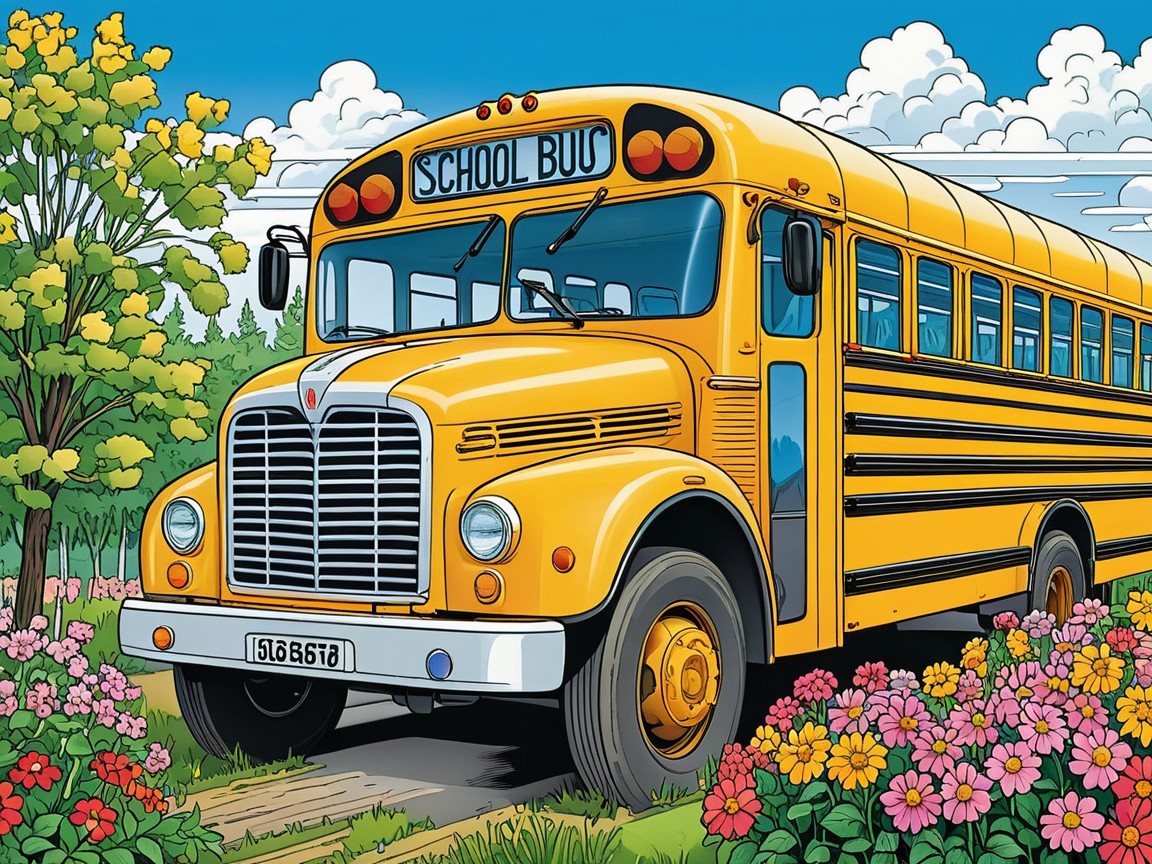 Vibrant Yellow School Bus Surrounded by Flowers and Trees