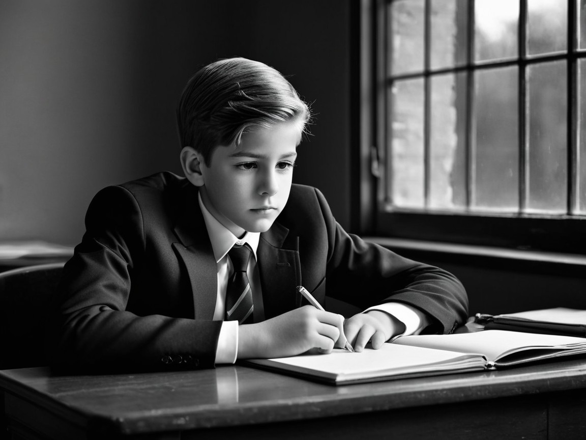 Young Boy in Formal Attire Writing at Desk
