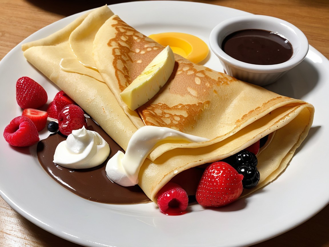 Rolled crepe with berries, whipped cream, and chocolate sauce