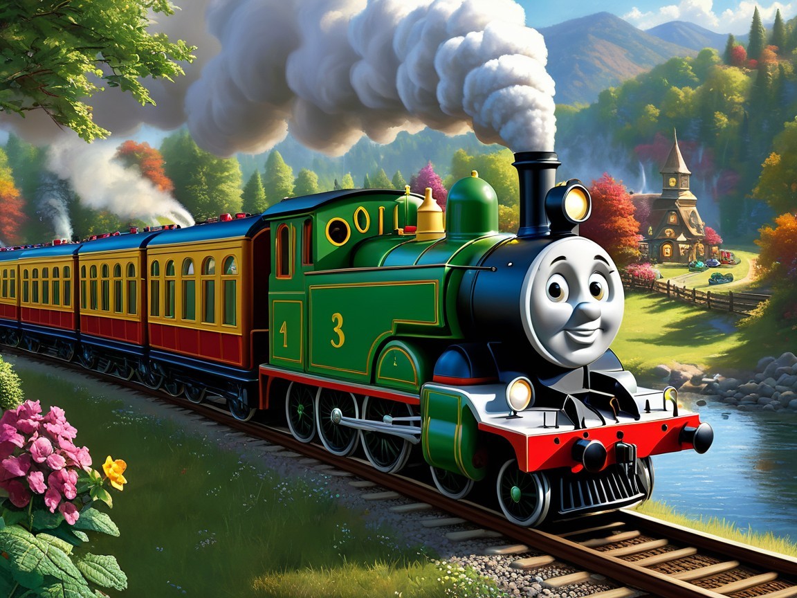 Cheerful steam train travels through picturesque countryside