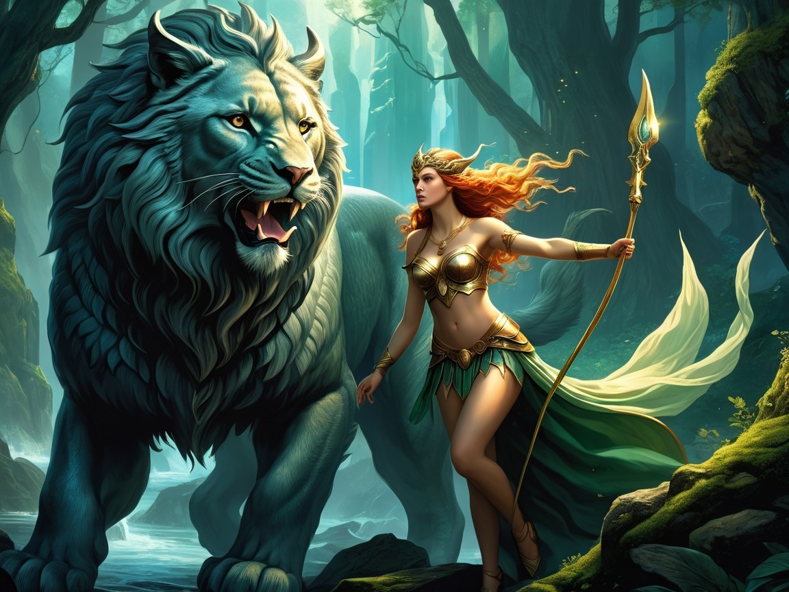 Blue Lion and Warrior Woman in Mystical Forest