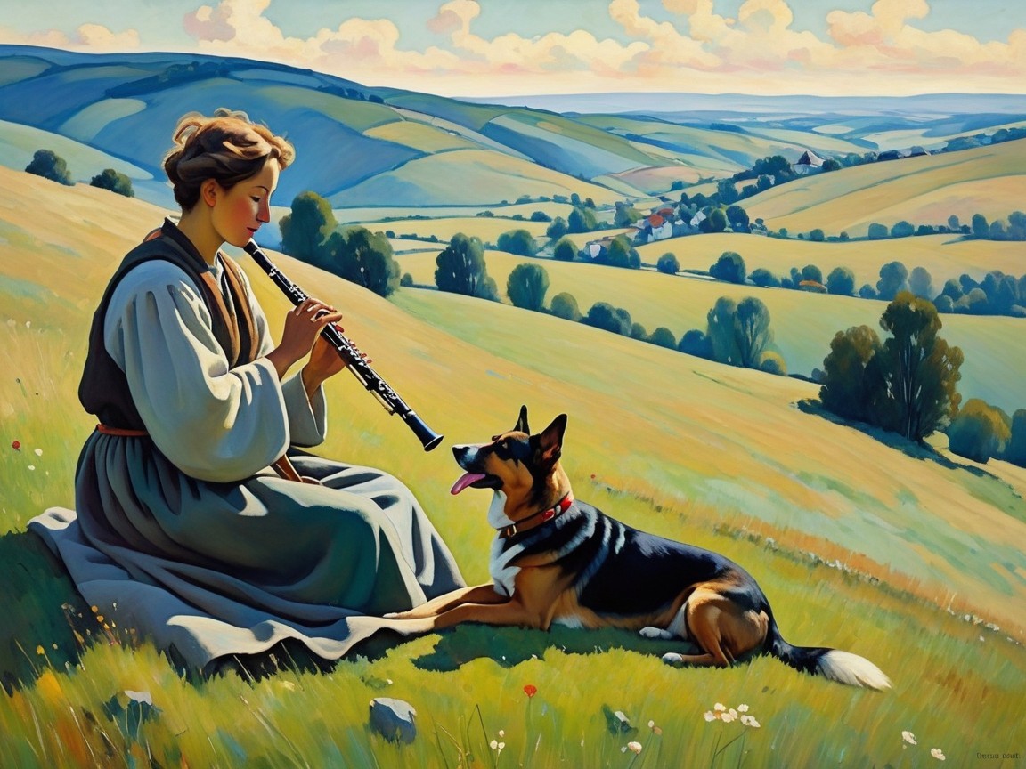Cézanne-style painting of a woman playing oboe outdoors