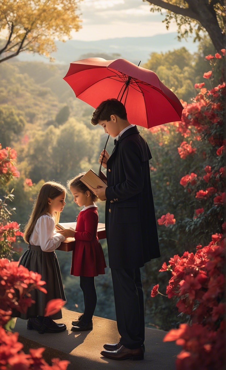 Boy Reading Under Trees with Girls and Red Umbrella