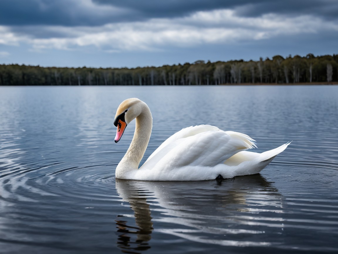 White Swan on Dark Blue Lake with Tree Line Background