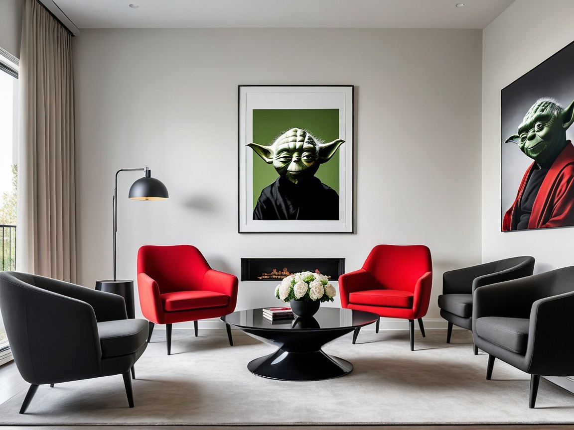 Modern Living Room with Black Coffee Table and Colorful Chairs