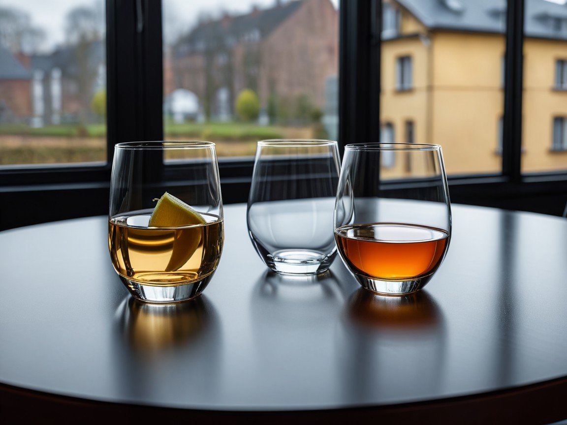 Stemless Tulip Glasses on Reflective Table by Window