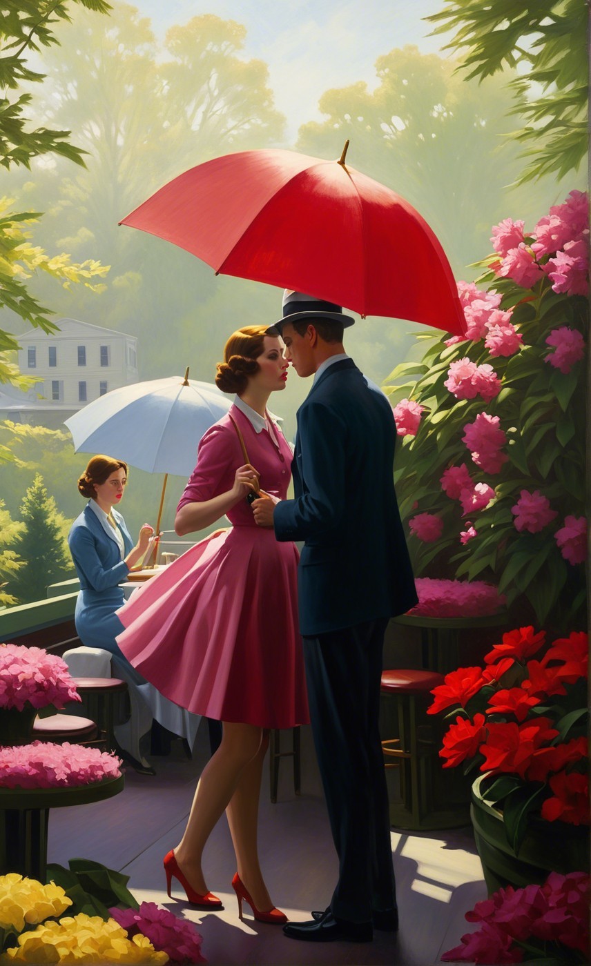 Romantic Oil Painting of Couple Under Red Umbrella