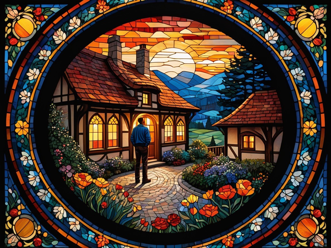 Stained Glass Artwork of Pastoral Scene with Cottage