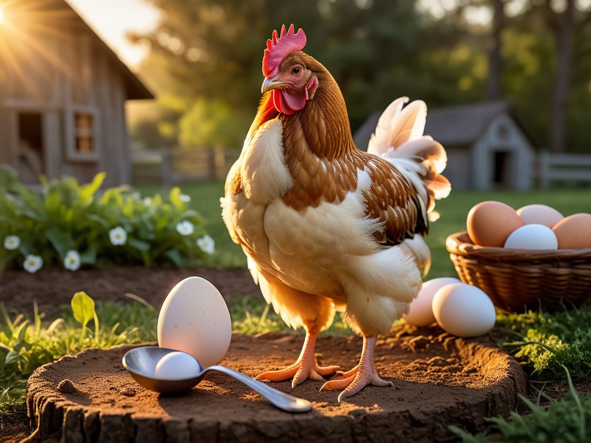 Vibrant Hen and Fresh Eggs in Serene Farm Setting