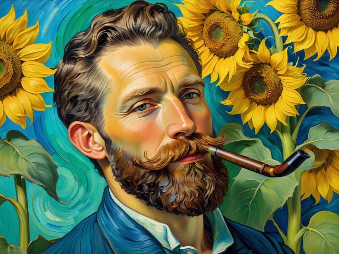 Portrait of a Bearded Man Among Sunflowers and Swirls