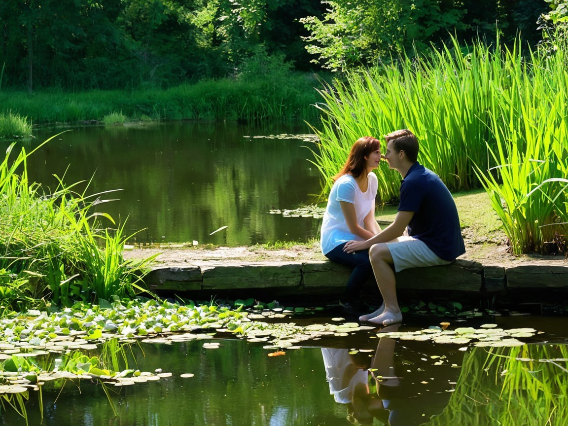 Couple by a Tranquil Pond Surrounded by Nature