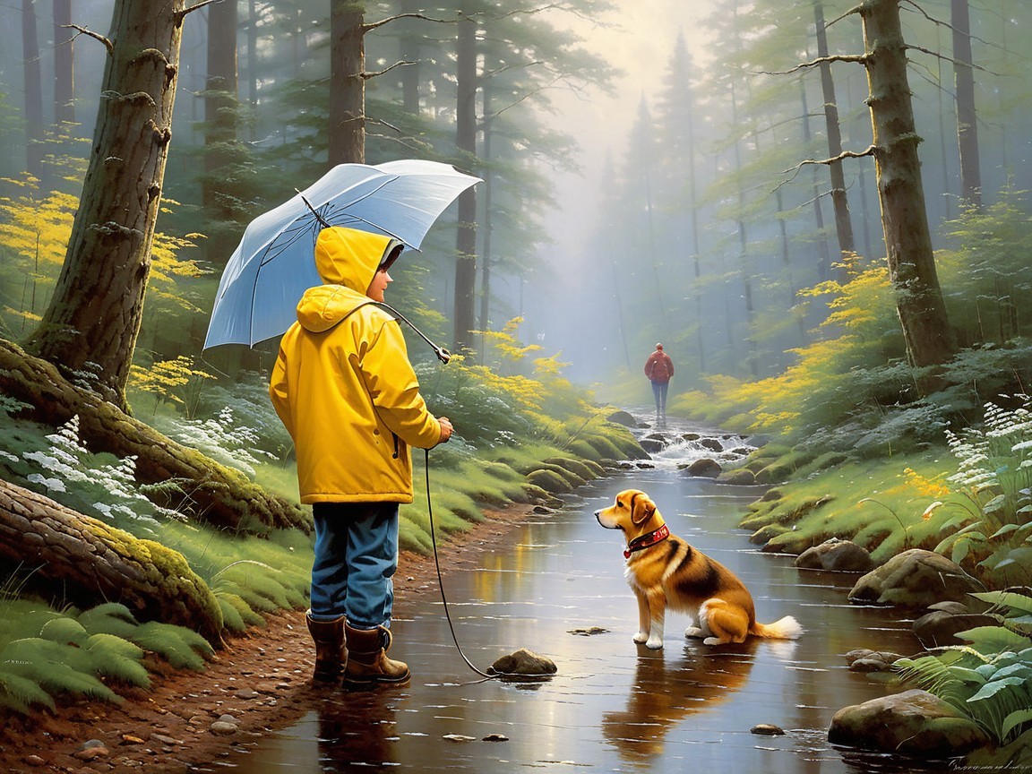 Child in yellow raincoat with dog on forest path