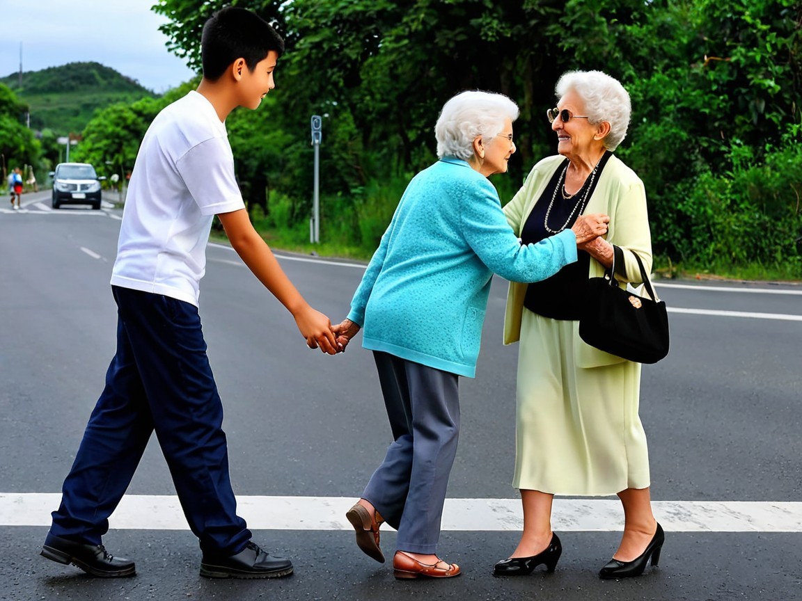 Boy and elderly woman crossing street with greenery