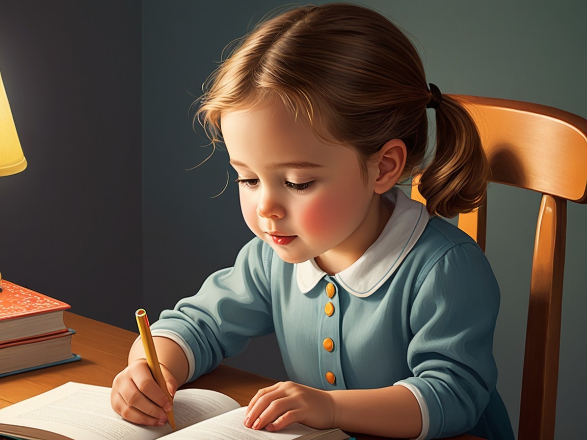 Young girl studying at a wooden table with a lamp