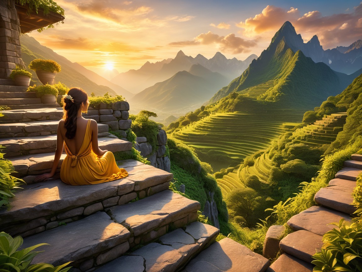 Woman on Steps with Sunset Over Green Terraces
