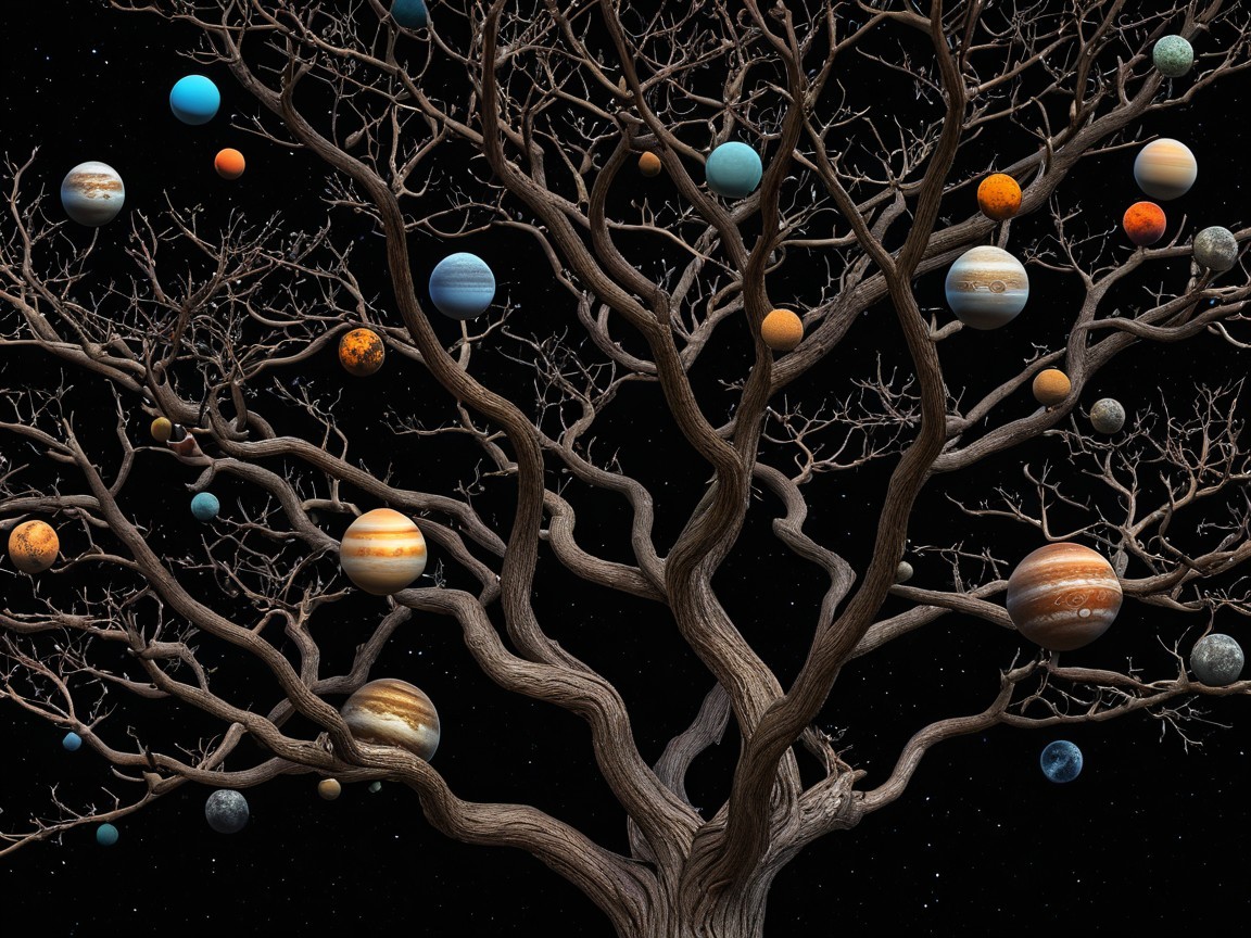 3D Digital Art of a Brown Tree with Colorful Planets