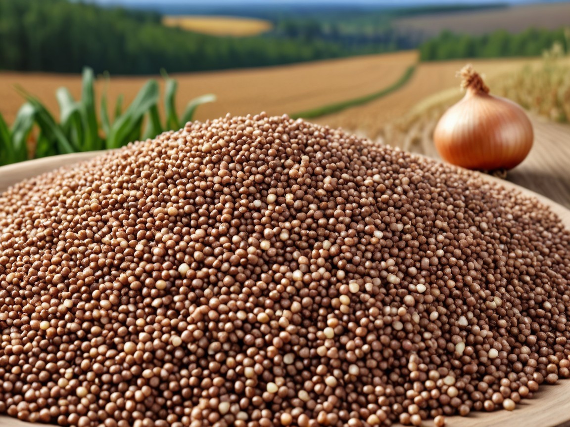 Brown Mustard Seeds on Wooden Surface with Onion