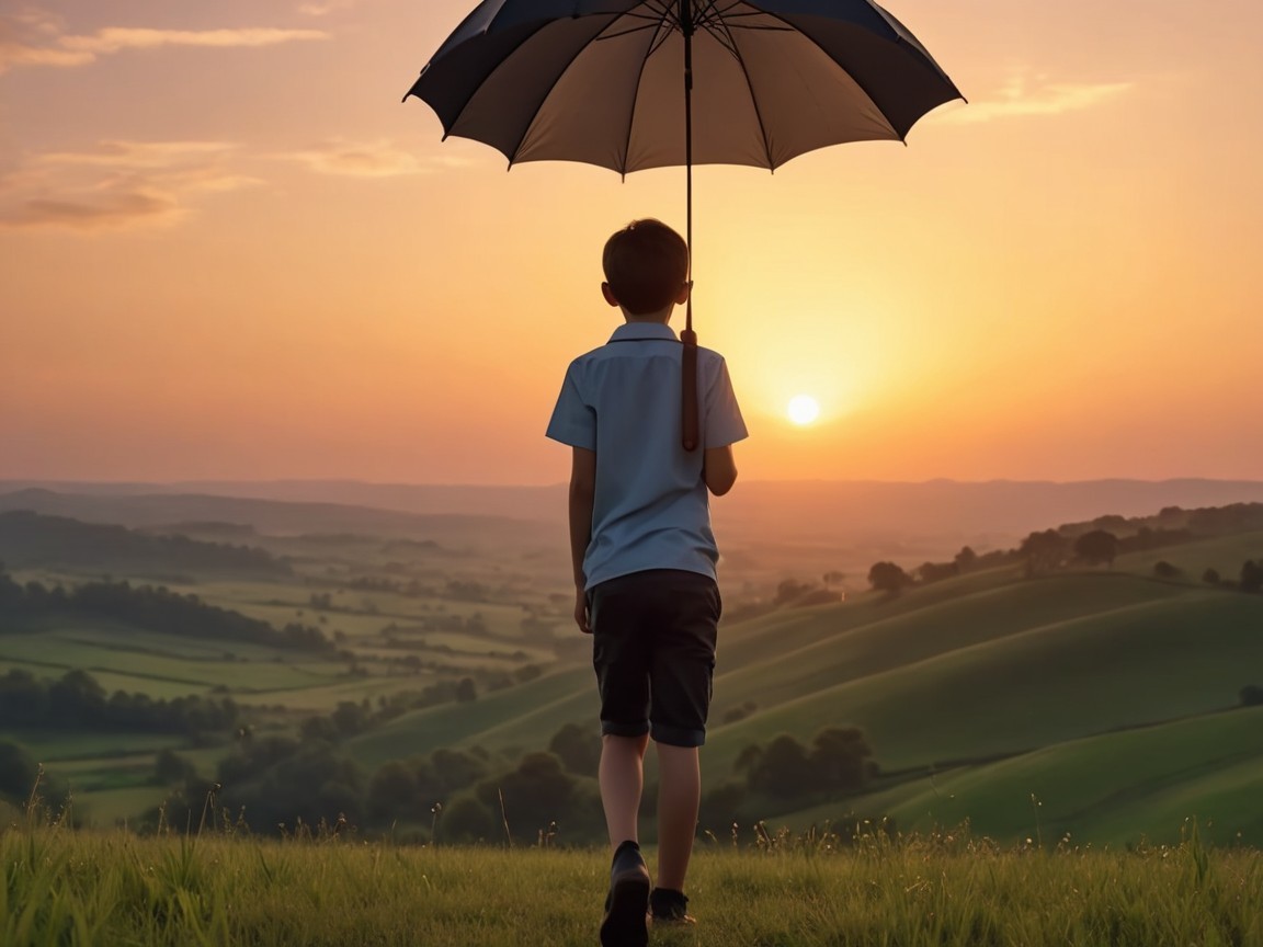 Young boy with umbrella on hill at sunset