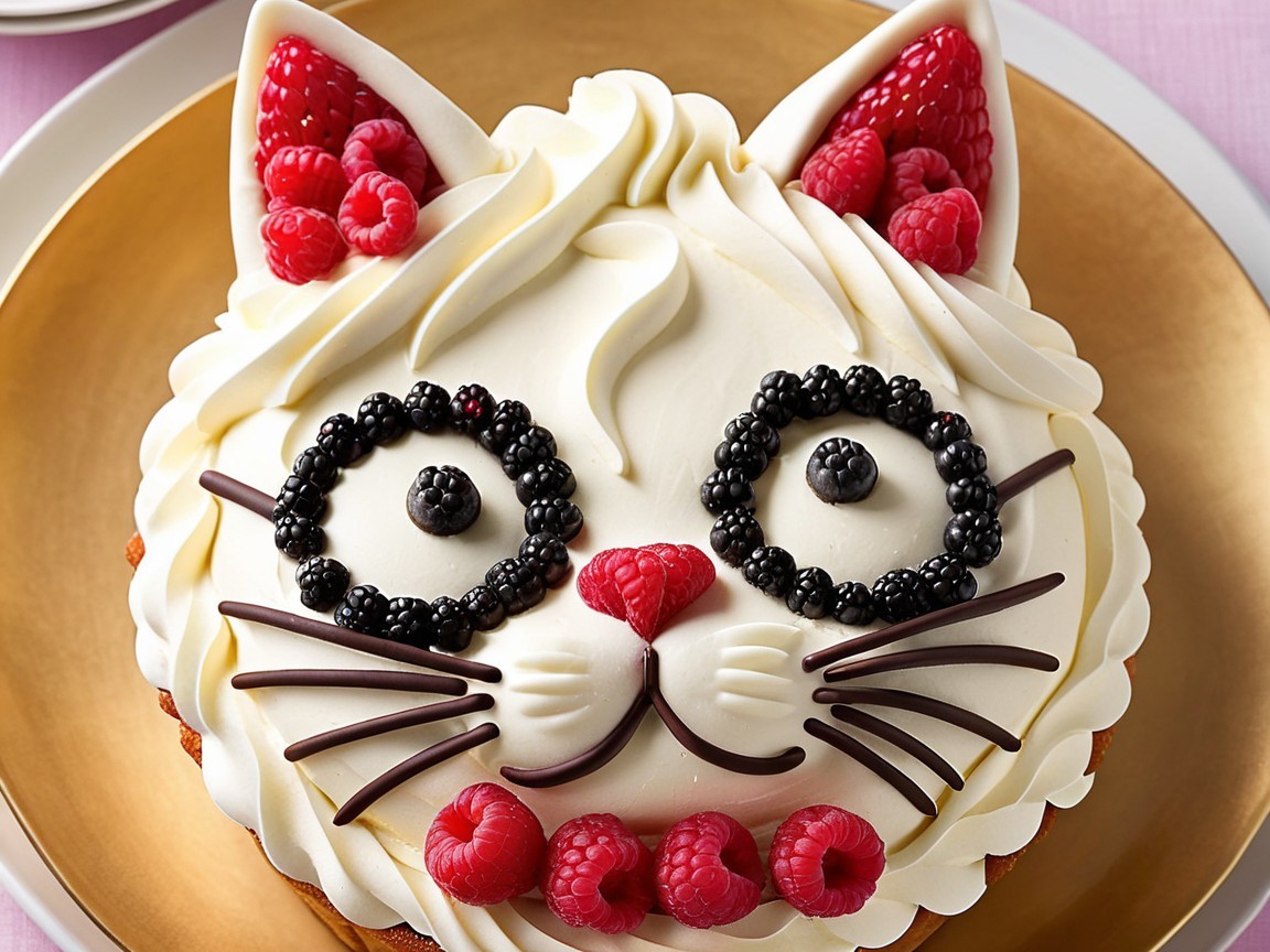 Whimsical Cat Face Cake with Fluffy Frosting and Berries