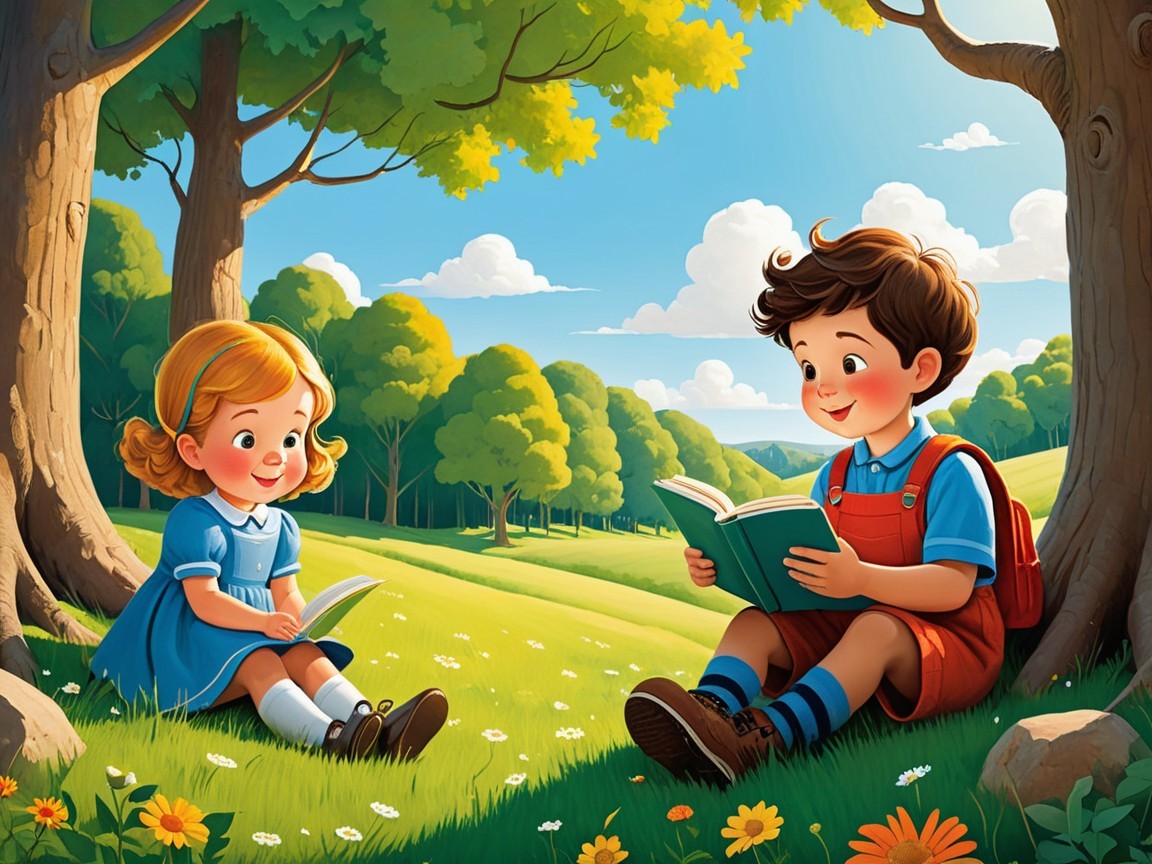 Children Reading in a Sunny Meadow with Flowers