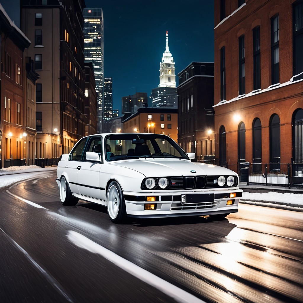 White BMW E30 in Snowy Urban Night Scene