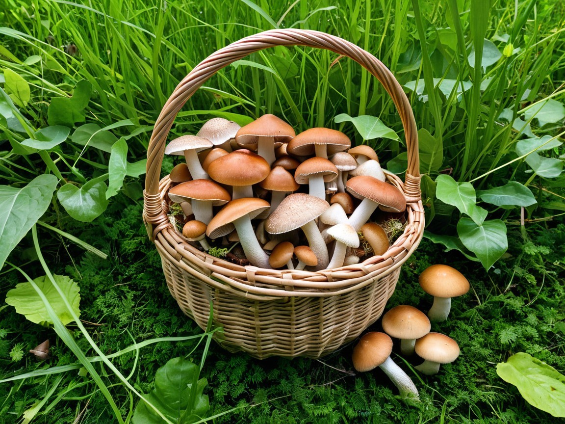 Woven Basket Filled with Assorted Mushrooms in Grass