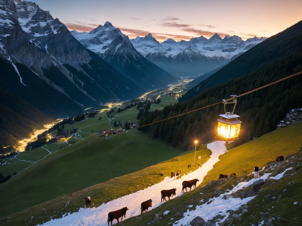 Alpine Landscape at Dusk with Mountains and Village Lights