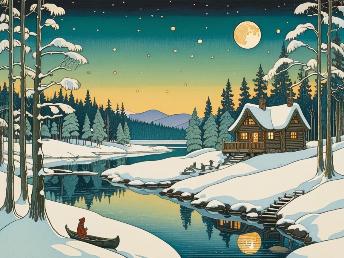 Cozy Cabin by Moonlit River in Winter Landscape