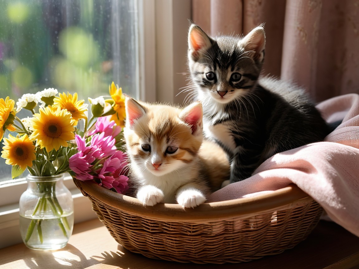 Kittens in a Wicker Basket with Sunlit Flowers