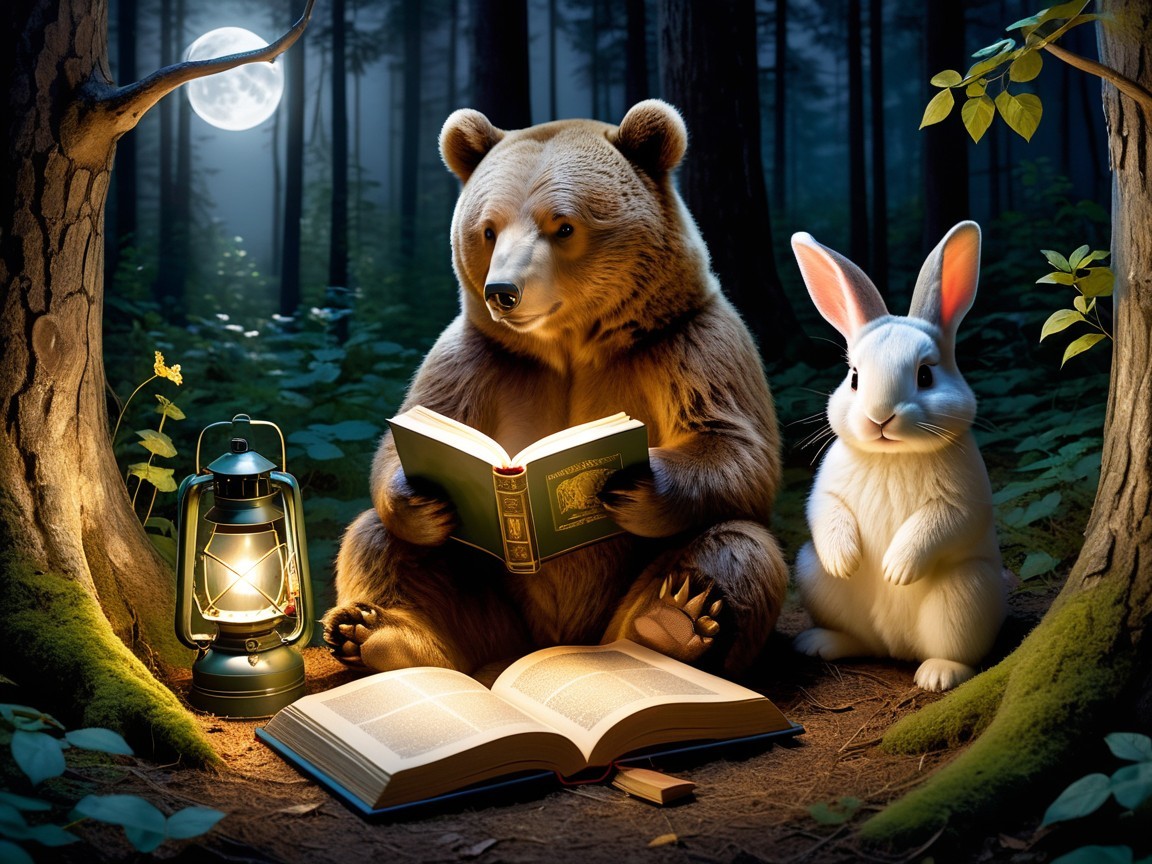 Bear Reading in Moonlit Forest with Curious Rabbit