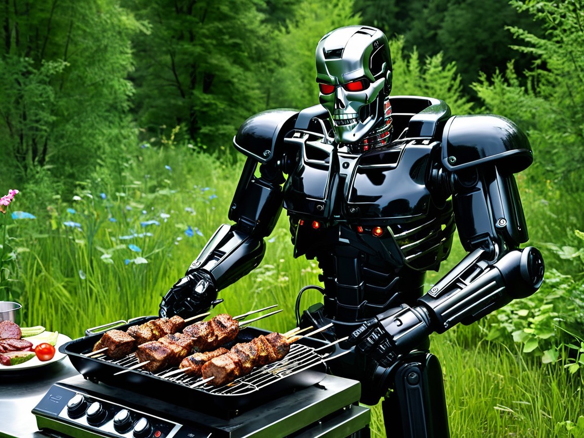Futuristic Robot Grilling Meat in Lush Garden Setting