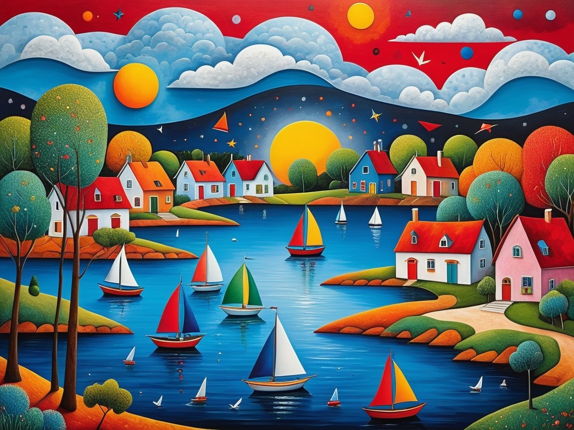 Colorful Houses by a Serene Lake with Sailboats