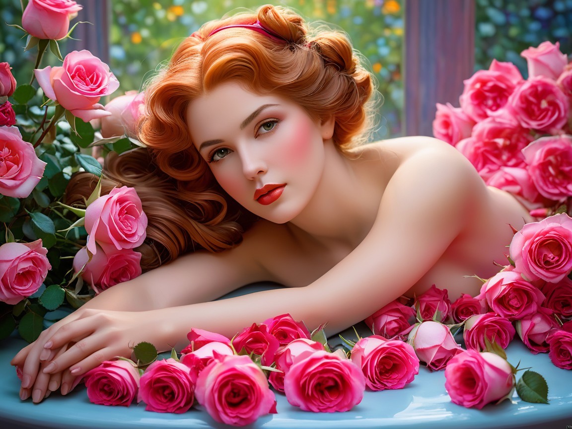 Woman with Red Hair Surrounded by Pink Roses