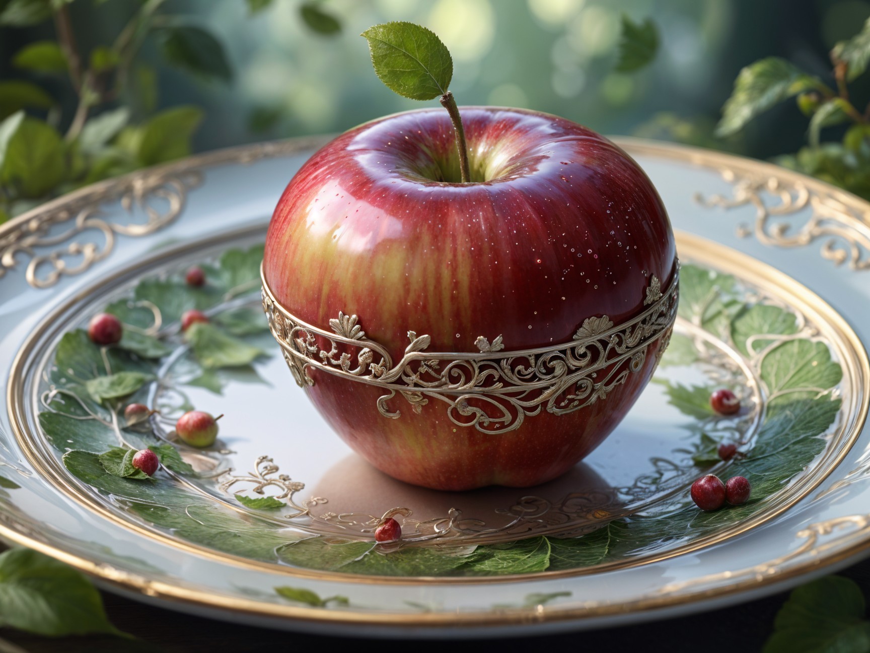 Red Apple on Ornate Floral Plate with Greenery