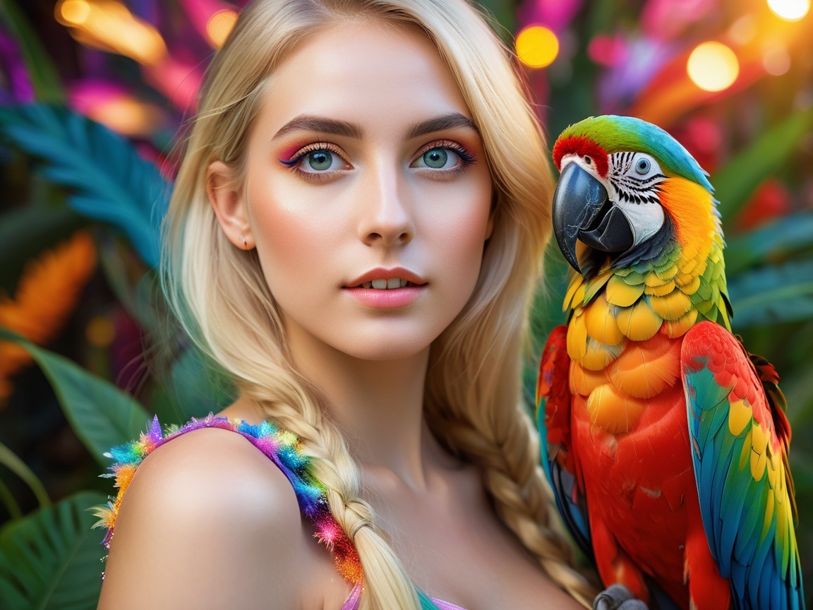 Portrait of a Young Woman with Macaw in Tropical Setting
